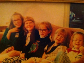 Me, my brother and cousins in the '80s.  None of us needed glasses - they belonged to our grandmother's teddies. I don't know why, either.
